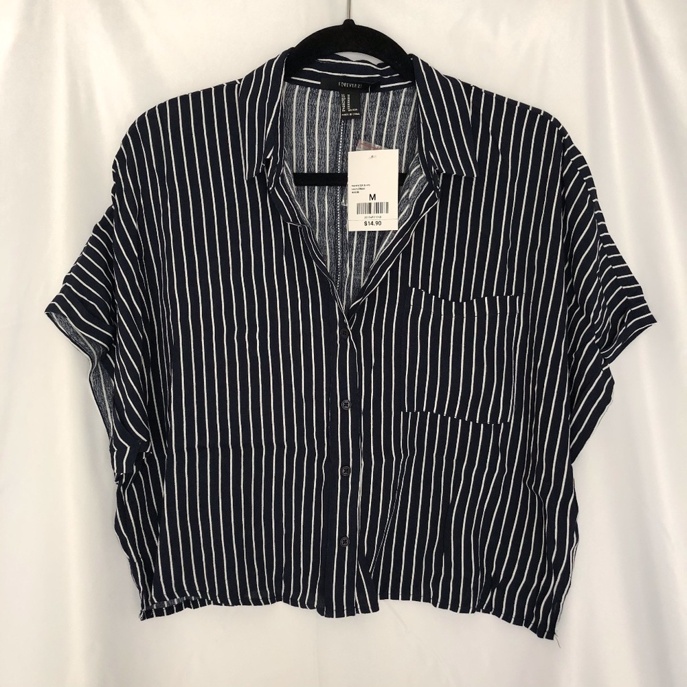 Navy-Blue Striped Boxy Pocket Shirt